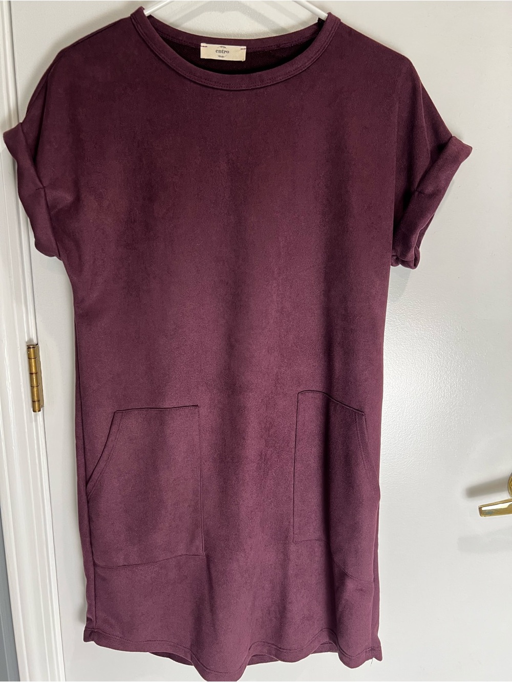 Entro Short Sleeve Faux Suede Pocket Casual Dress in Dark Purple - Size S